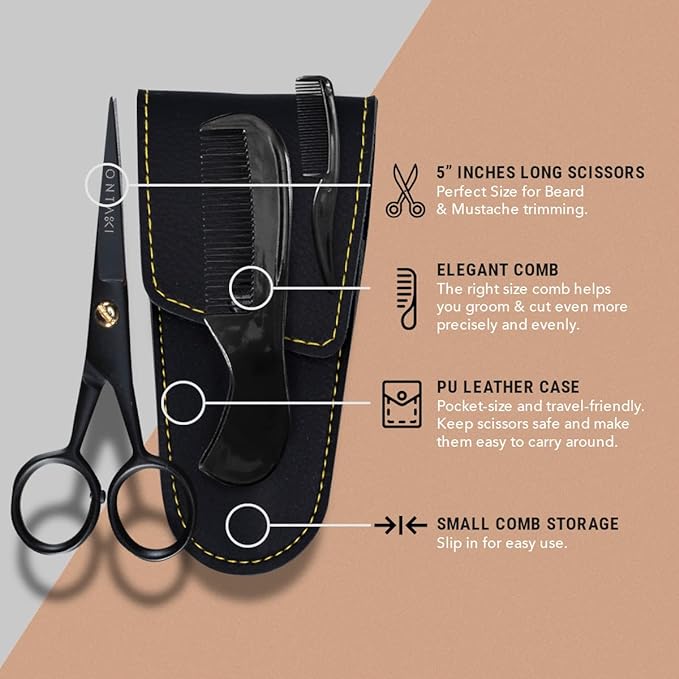 Ontaki 5" Beard & Mustache Scissors for Men with Combs - Black German Steel | Precision Styling Scissors - Complete Beard and Moustache Trimming Kit