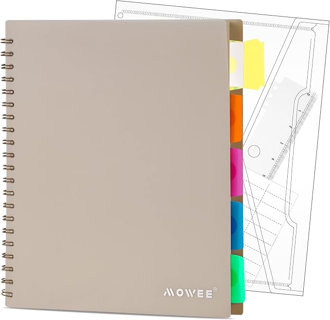 5 Subject Notebook - Spiral Notebook, College Ruled Notebook With Dividers Pocket, Tabs, 11" Ruler, 200 Pages, for Writing Journal, Home & Office, School Supplies, 8.5''x11'' CoCo Brown | 200 Pages, 11" Ruler, 8.5"x11" Brown, Pocket Dividers with Tab L...