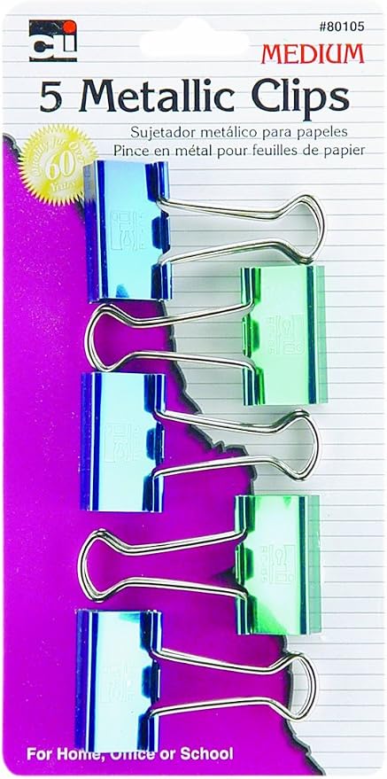Charles Leonard Binder Clips, Metallic, Assorted Colors, Medium (80105) | Secure Clip Binder Clips | Excellent for Students | Perfect for Keeping Documents | 5 Per Pack