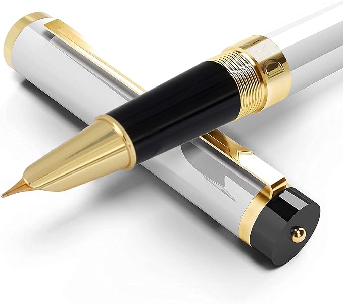 Dryden Designs Fountain Pen - Medium Nib and Fine Nib | Includes Luxury Box, 6 Ink Cartridges - 3 Black 3 Blue and Ink Refill Converter - Pearl White