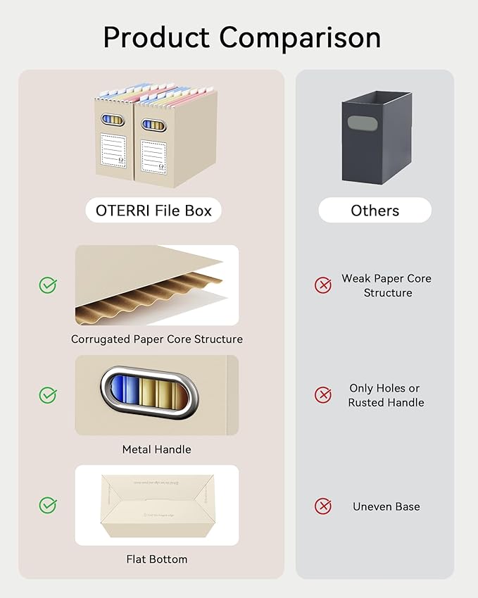 Oterri File Organizer Box, Portable Collapsible Cardboard File Folder Organizer with Handle for Letter Size Hanging Files, for Home Office & Classroom (Beige, Letter Size - 6 Packs)