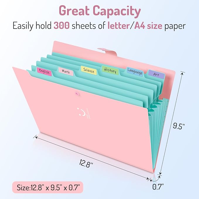 Forvencer Accordion File Organizer, Letter Size, 7 Pocket Expanding File Folder, Cute File Folder with Labels, Portable File Organizer for School Office Supplies, Folders for Documents, Purple