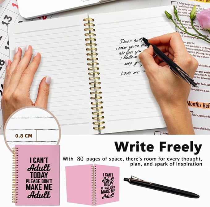 Funny Notebook with Pen Set I Can't Adult Today, A5 Spiral Journal for Women and Teens, 18th Birthday Gifts for Girls, 80 Sheets College Ruled Sarcastic Office Stationery, Humorous Pink Diary