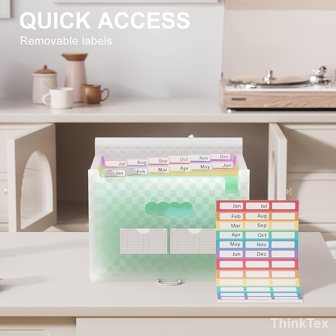ThinkTex Accordion File Organizer, 12 - Pocket Expanding File Folders | for Receipts, Bills & Taxes Organizer, Letter/A4 Size Document Holder for School, Office, Home with Colorful tabs- Green