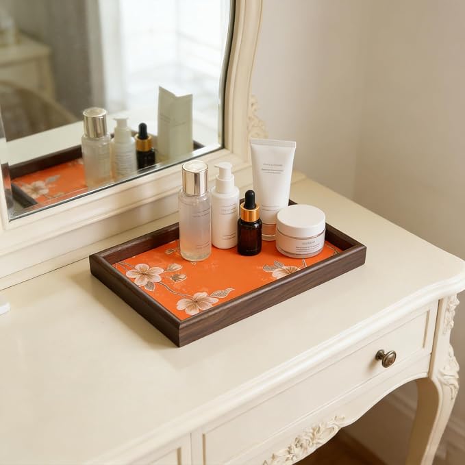 Wooden Valet Tray with Floral Base, EDC Catch All Tray Nightstand Entryway Table Vanity Organizer 11.8x7.9, Orange Vintage Blossoms