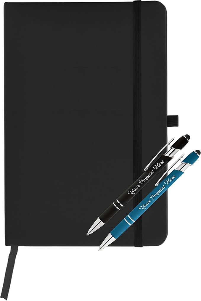 ExpressDesigns™ - Personalized Pens Gift Set w/Journal- 2 Pack of Soft Touch Metal Pens w/Notebook - Custom Engraved with Name or Message (Black - Lt Blue)