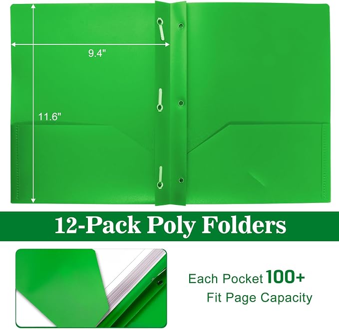 12-Pack Plastic Folders with Pockets and Prongs, 2-Pocket Poly Folders with 3 Fasteners Holds 8-1/2" x 11" Paper for School/Office/Home, Green