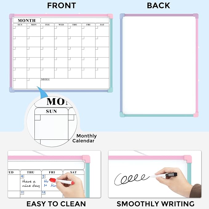 MaxGear Monthly Calendar Dry Erase Board for Wall, 16"x12", Macaron Frame | Double-Sided, Hanging Small White Board, Portable Whiteboard for Planning, Drawing, Memo, to Do List, Home, Kitchen, Office