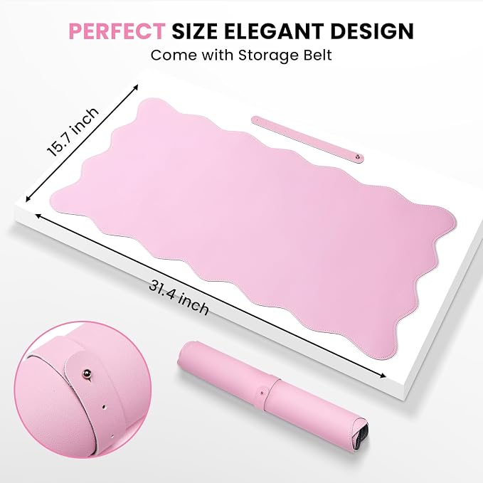 PU Leather Desk Pad, Scalloped Non-Slip Mouse Pad & Large Desk Mat Cover Stitched Edges Writing Pad for Office, Home - Waterproof, Easy to Clean, Durable Surface I 31.4"x15.7", Pink