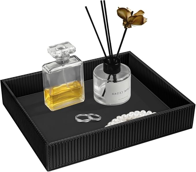 SITHON Valet Tray Desk Organizer PU Leather Catchall | Bedside Vanity Tray Nightstand Caddy Coin Box Key Jewelry Storage Organizer, Graduation, Stripe Black
