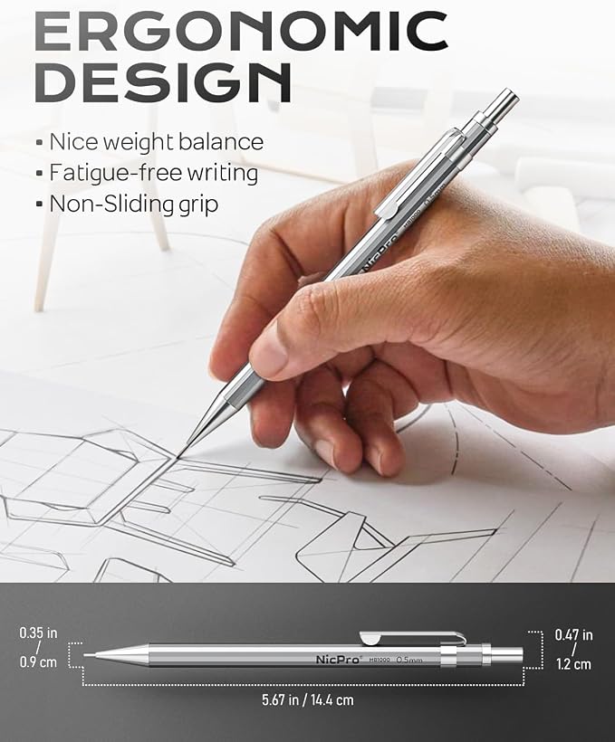 Nicpro 4 Pack Mechanical Pencil 0.5 mm with Case, MB1000 Metal Mechanical Pencil Set with 6 Tube HB #2 Lead Refill 0.5mm, 3PCS 4B Eraser, 9 Cap Eraser for Artist Drafting Writing, Sketching, Drawing | 6 Tube HB #2 Lead Refill 0.5mm, 3PCS 4B Eraser, 9 C...