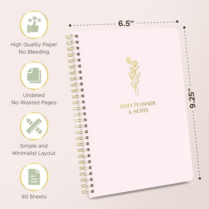 Simple Daily Planner Undated & To Do List Notebook: With Hourly Schedule - 6.5x9.25" Blush Pink - Aesthetic Spiral Note book for Work and Life Tasks - Day & Hour Agenda, Organizer Notepad Journal