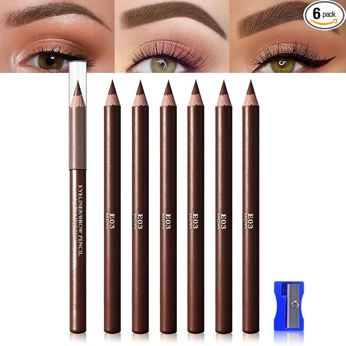 6Pcs Brown Eyebrow Pencils for Women, Wooden Hard-Core Eyebrow and Eyeliner Pencil, Long Lasting Waterproof and Sweat-Proof, Beginner Makeup Brow Pencil With Pencil Sharpener (Brown, 6Pcs)
