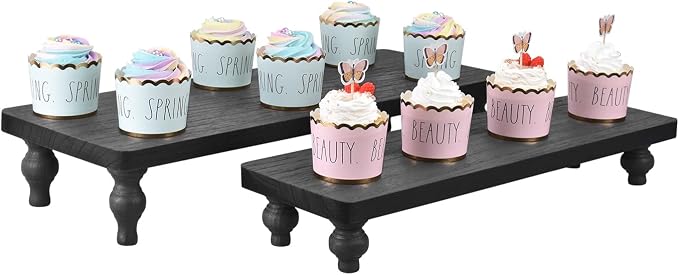 Ikee Design 2 Pcs Set Wooden Display Riser, Cupcake Dessert Display Riser, Countertop Centerpiece Dessert Serving Stand, Artificial Plant Stand for Garden, Farmhouse Decor, Black Color