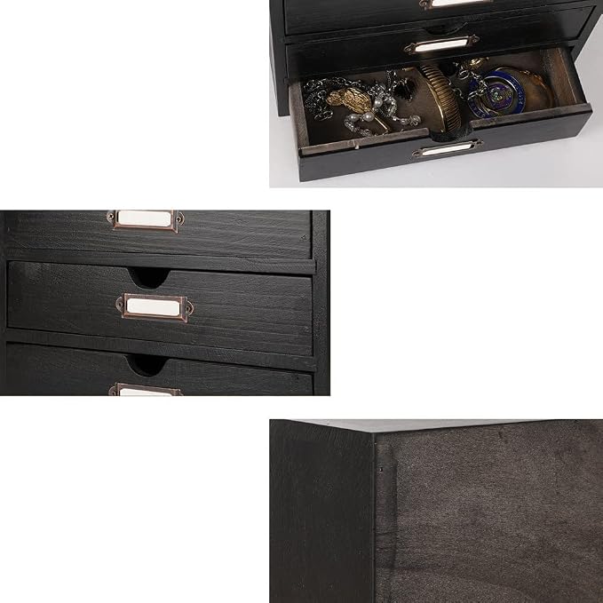 Small Wooden Drawers Wooden Box with Drawer Black | 4 Drawer Storage Box for Apothecary Cabinet, Apothecary Drawers，Desktop Organizer with Metal Handles for Office，Home