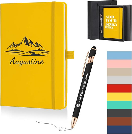 ENOMY Personalized A5 Notebook Gift Set with Custom Pen PU Leather Journal Box, Yellow