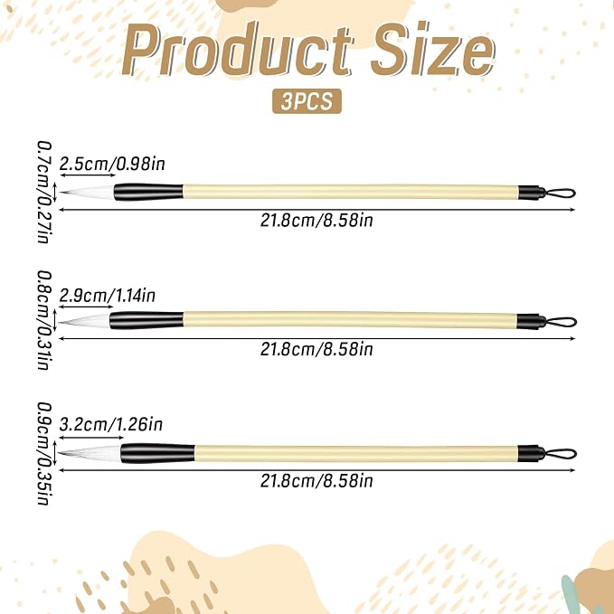 3 Pack Chinese Calligraphy Set 3 Sizes Chinese Calligraphy Brush Traditional Wooden Watercolor Ink Pens Chinese-Writing Brushes for Beginner Writing Painting Watercolor Art Tools
