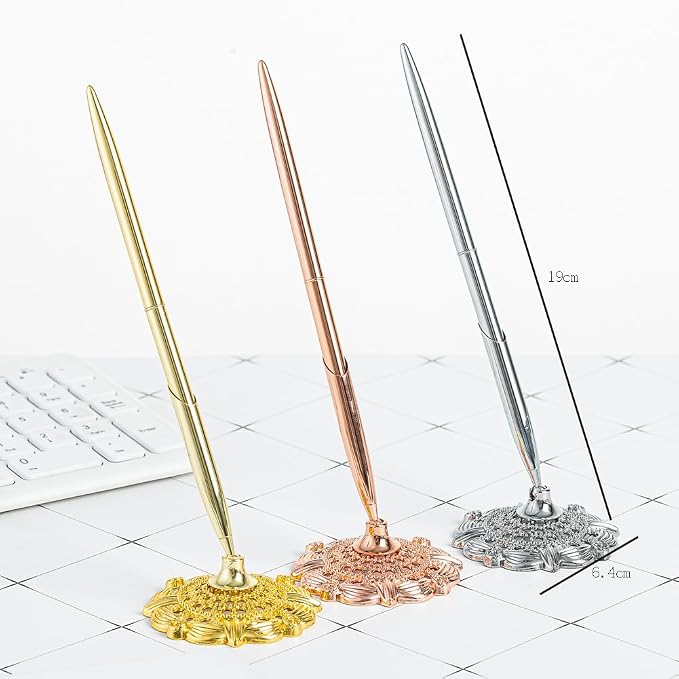 lasenersm 1 Piece Pen Holder Hollow Round Pen Holder Signing Pen Set Pen Stand Guest Sign In Pen and Pen Stand Set Wedding Signing Pen Set Wedding Guest Book Pen with Stand, Golden
