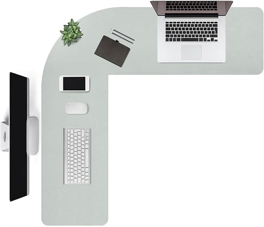 L Shaped Gaming Desk Mat Mouse Pad, Light Grey, 56"x54.8"x12" | PU Leather Corner Desk Mat Blotter, Waterproof Desktop Protector for Computer Keyboard Home Office