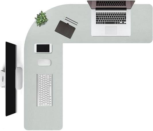 L Shaped Gaming Desk Mat Mouse Pad, Light Grey, 44"x44"x16" | PU Leather Corner Desk Mat Blotter, Waterproof Desktop Protector for Computer Keyboard Home Office