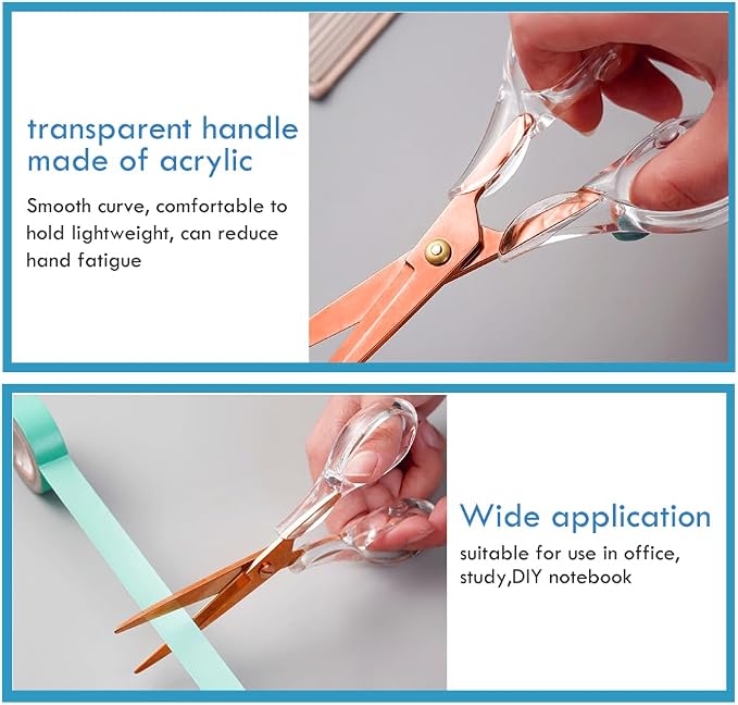 Aesthetic Clear Acrylic Scissors, 6.3" Craft Shears with Rose-gold Sharp Stainless Steel Blades for Home Office & School, Cute Stationery Tools for Bullet Journaling, Scrapbooking & Gift Wrapping