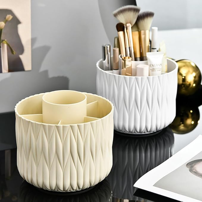 Rotating Makeup Brush Holder - White 5 Slot 360° Spinning Organizer for Vanity Desk, Cute Aesthetic Storage for Women, Multi-purpose Pen Pencil Caddy for Office Home Art Supplies