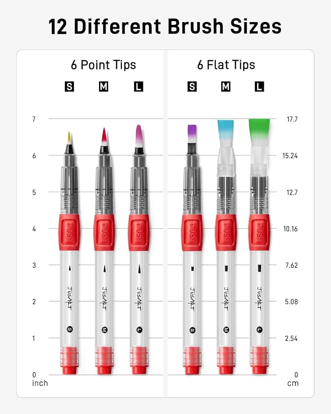 JusArt Water Brush Pens 12-Pack Leak-Proof Refillable Watercolor Pens for Acrylic and Gouache Painting - Includes Pointed & Flat Tip Styles - Portable Water Brushes for Artists, Beginners, Adults