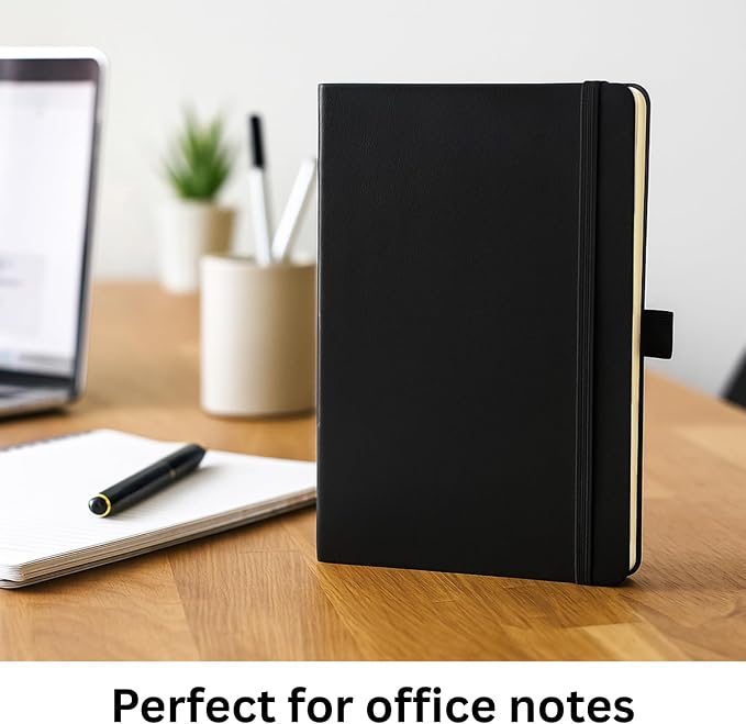 RICCO BELLO Lined Journal Notebook with Pen Holder, Black | Faux Leather Hardcover, College Ruled, 96 Sheets/192 Pages, 5.7 x 8.4 Inches, For Work & Notes