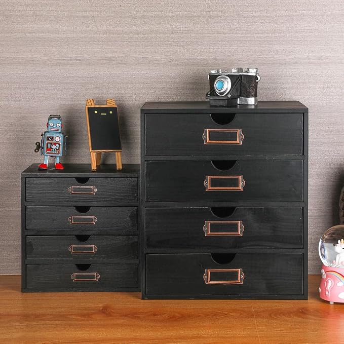 Large Wooden Drawers Wooden Box with Drawer Black | 4 Drawer Storage Box for Apothecary Cabinet, Apothecary Drawers，Desktop Organizer with Metal Handles for Office，Home