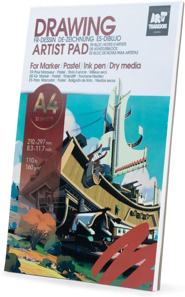 TRANSON A4 Sketchbook Marker Pad, 110lb/160gsm Heavyweight Art Paper, No Bleed Through, 32 Sheets/64 Pages 8.3"x11.7" for Drawing & Sketching
