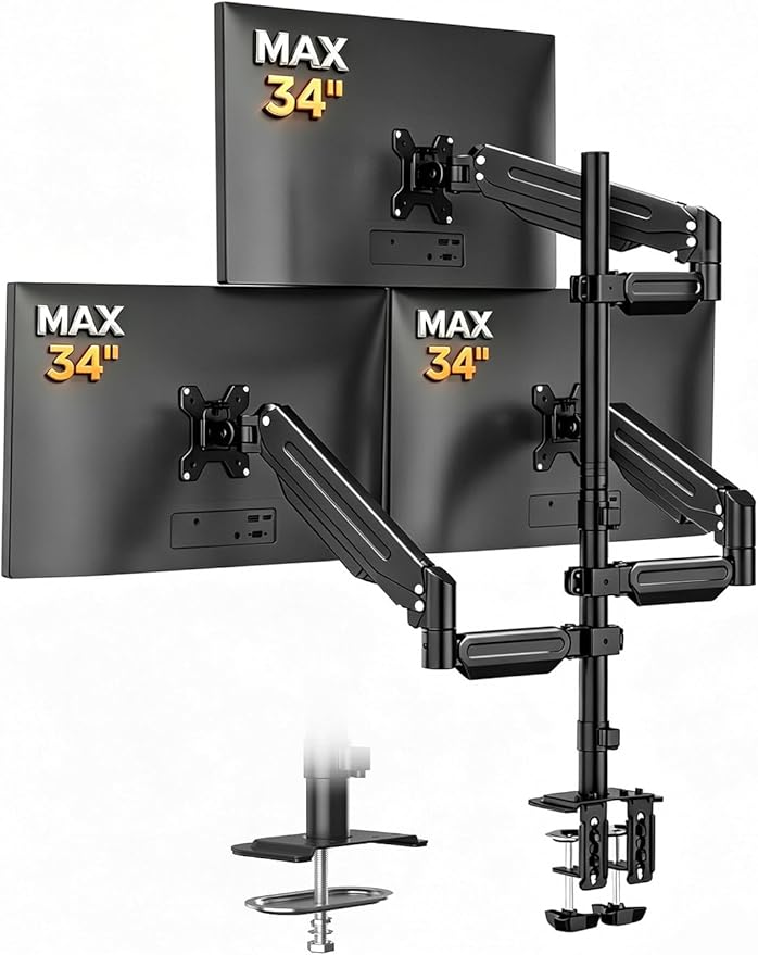 Bracwiser Triple Monitor Mount for Max 34" Screens, up to 24.25lbs Each, Full Adjustable 3 Monitor Desk Stand, Three Gas Spring Arm with Tilt Swivel Rotation, VESA 75x75/100x100mm, Black, MDX883B