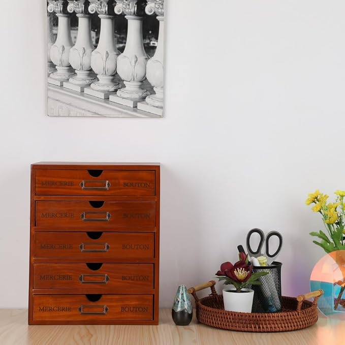Wooden Storage Box with 5 Drawers Apothecary Drawers Vintage Wooden Drawers Wood Desktop Organizer with Drawers Countertop Drawers Library Card Catalog Cabinet Apothecary Cabinet （BROWN）