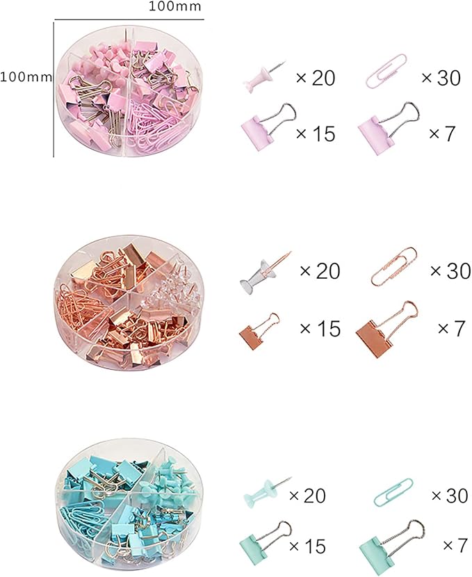 72 Pcs Rose Gold Small Binder Clips, Paper Clips and Thumbtack for Office Work School and Home Supplies (72pcs Mixed, Rose Gold)