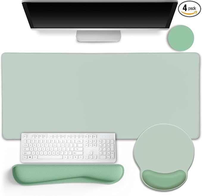 LIMKRIAN Sage Green Mouse Pad Set, XXL Desk Matt for Desktop Decor | Ergonomic Keyboard Support & Coaster, Mouse Pad with Gel Wrist Rest for Pain Relief, Home Office Gaming Accessories Gifts