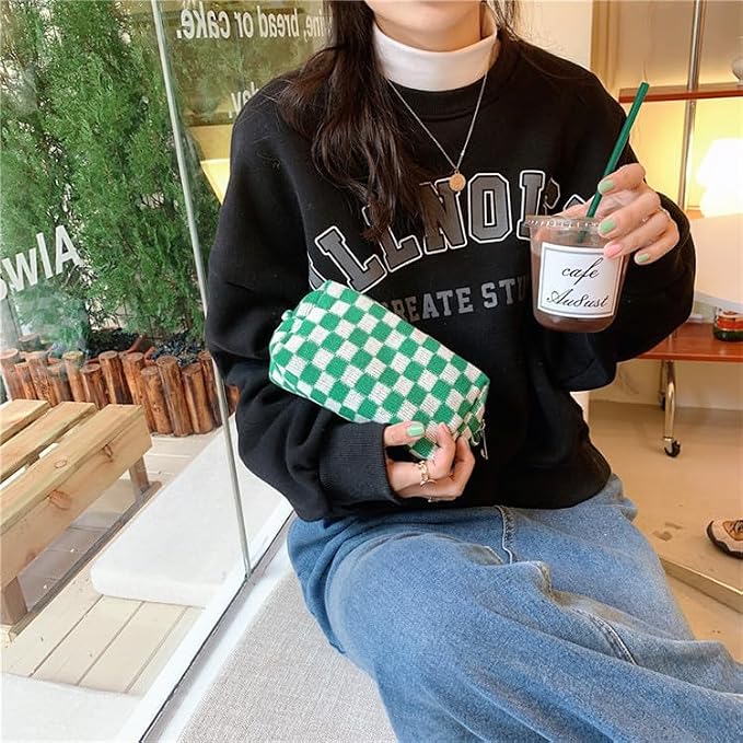 Checkered Makeup Bag for Purse, Small Travel Cosmetic Pouch,Green,6 Pack | Cute Zipper Makeup Organizer for Women, Travel Essentials, Toiletries, Makeup Brushes, Beauty Accessories&Bridesmaid Gifts