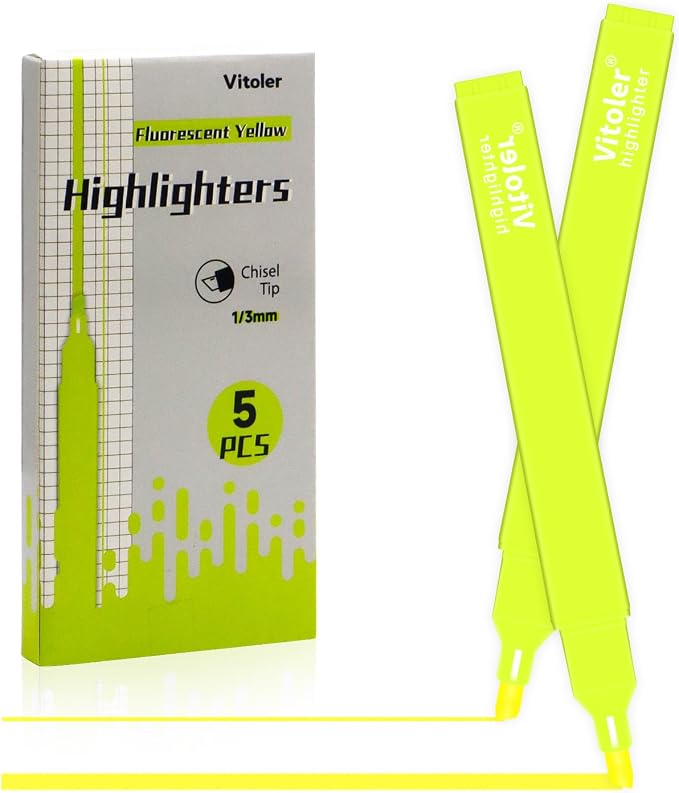 Vitoler Yellow Highlighter, Quick Dry,Cute Chisel Tip 5pcs | Dry Fast,long lasting high quality for bible study,books,journal,writing,school office