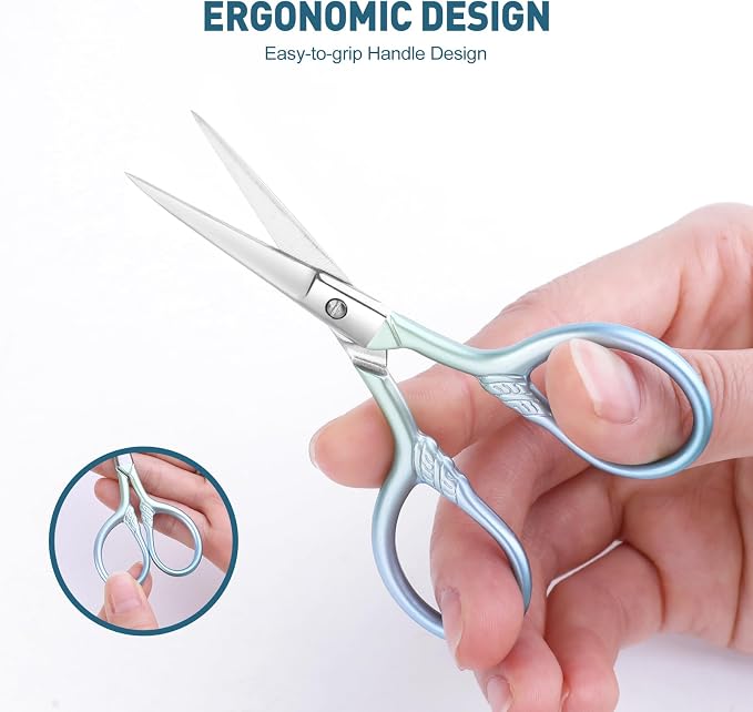 Small facial hair scissors, stainless steel (blue) versatile retro beauty kit for men's and women's bathrooms, nose hair, eyebrows, eyelashes, beard trim, with PU sheath