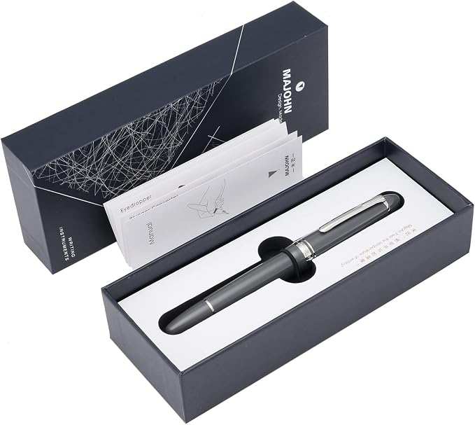 erofa Majohn P136 Piston Fountain Pen Medium Nib with Box, Gray Resin Writing Pen Set
