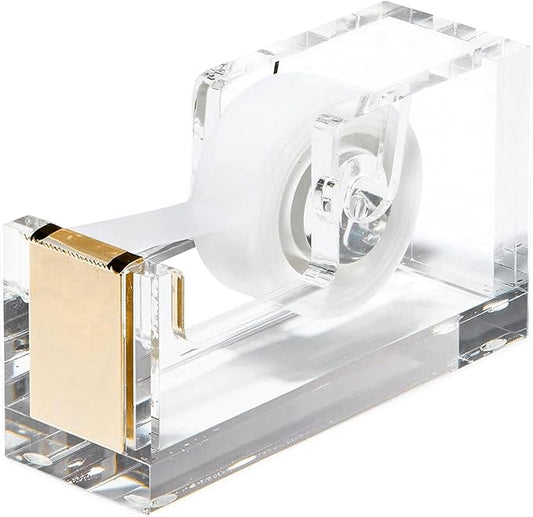 OfficeGoods Acrylic Tape Dispenser – Modern Desk Organizer for Office Supplies, Heavy Duty Refillable Tape Holder for Home and School Crafting, Stylish Desktop Accessory for Gift Wrapping, Gold