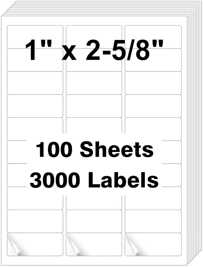 1" x 2-5/8" White Blank Address Labels, 3000 Labels (100 Sheets), Laser/Inkjet Compatible