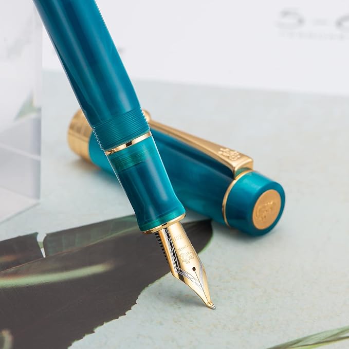 Jinhao 100 Fountain Pen Celluloid Classic Style, #6 Nib Smooth Writing Instrument with Refillable Converter and Pen Case Set