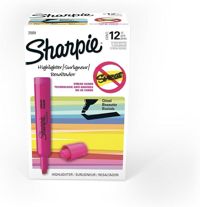 SHARPIE Tank Style Highlighters Chisel Tip Fluorescent Pink Box of 12 (Pack of 12)