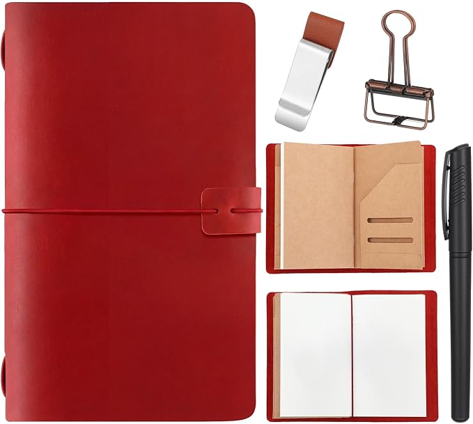 Thenshop Travelers Refillable Leather Journal Notebook Travel Diary Handmade Passport Travelers Journal for Men and Women with 3 Notebook Inserts, Pen Holder, Binder Clip (Red,A6 Size)