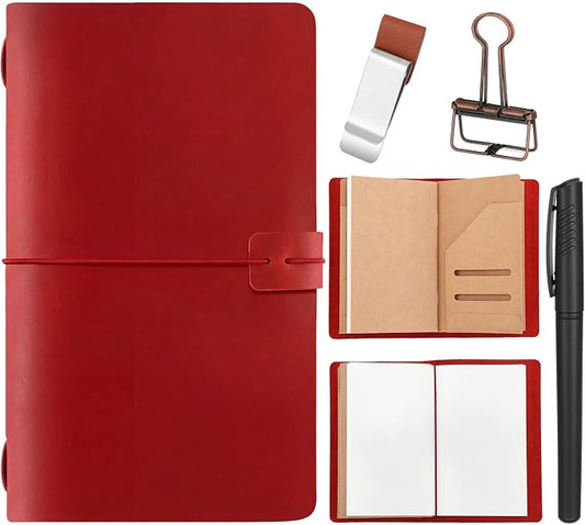 Thenshop Travelers Refillable Leather Journal Notebook Travel Diary Handmade Passport Travelers Journal for Men and Women with 3 Notebook Inserts, Pen Holder, Binder Clip (Red,A6 Size)