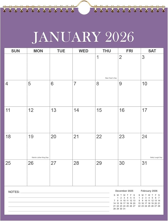 Wall Calendar 2026-2027 - Monthly Calendar 2026-2027 from July 2026 - December 2026, Spiral Binding Hanging Calendar 2026-27 for Home/Office, 12" x 14.5", Purple