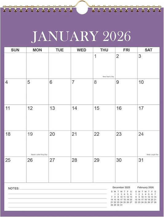 Wall Calendar 2026-2027 - Monthly Calendar 2026-2027 from July 2026 - December 2026, Spiral Binding Hanging Calendar 2026-27 for Home/Office, 12" x 14.5", Purple