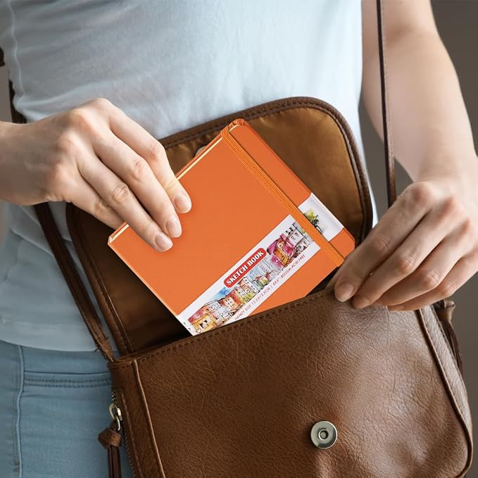 5x5" Pocket Sketch Book,80gsm Hardcover Art Sketchbook for Drawing Journal | PU Cover,Blank Paper,96Sheets/192Pages,Lay-Flat,Portable Travel Creation Paint Diary Memo Planner,Dry Media.Orange