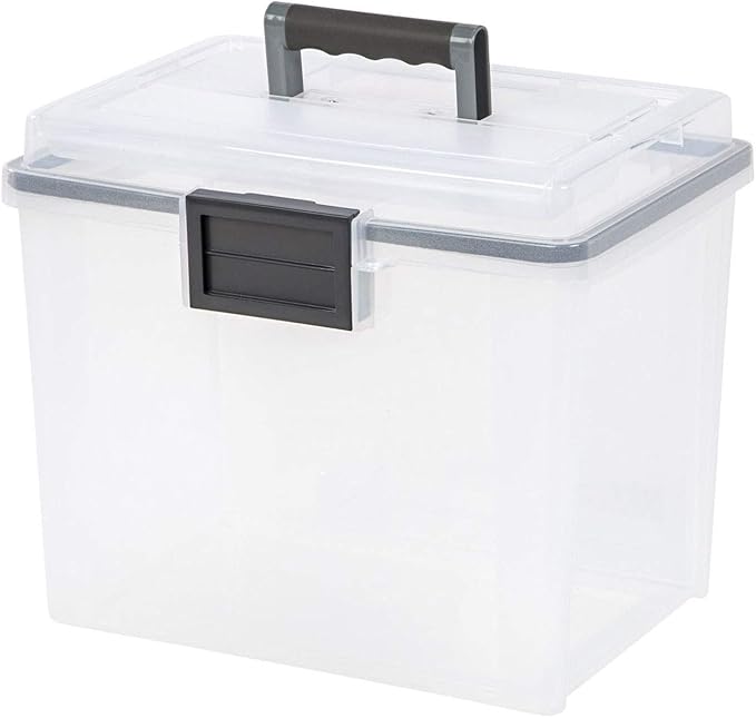 IRIS USA WeatherPro Portable File Box Organizer, 19 Qt. 4-Pack, Clear | Store and transport letter size files, documents and records with weather resistant protection and secure latching