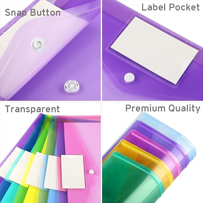 Sooez 12 Pack Folders Plastic Envelopes with Snap Closure, Clear Plastic File Folder for Document, Letter A4 Size Poly File Envelopes with Label Pocket for Home Work Office Organizer, 6 Colors