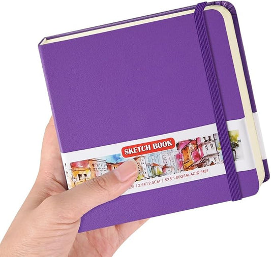 5x5" Pocket Sketch Book,80gsm Hardcover Art Sketchbook for Drawing Journal | PU Cover,Blank Paper,96Sheets/192Pages,Lay-Flat,Portable Travel Creation Paint Diary Memo Planner,Dry Media.Purple